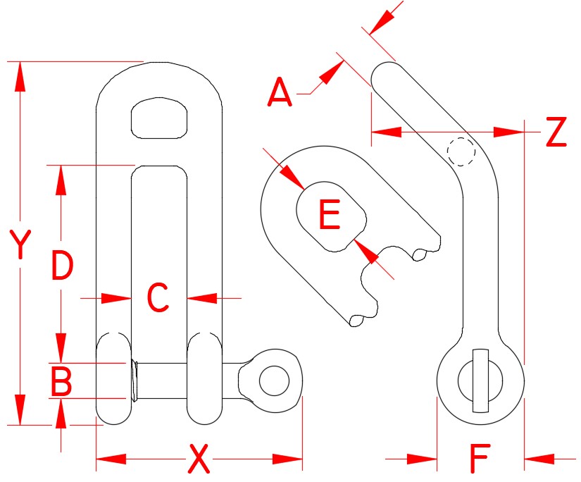 Stainless Steel Headboard Shackle with Captive Pin, S0173-0006, S0173-0008, S0173-0010, S0173-0012, Line Drawing